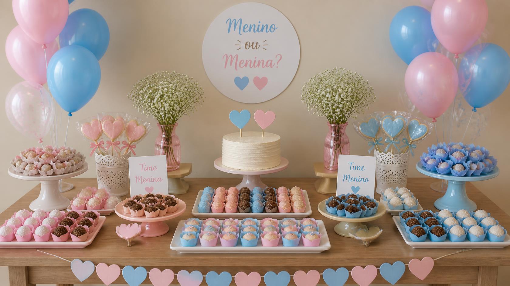 Mesa de doces de chá revelação decorada em rosa e azul