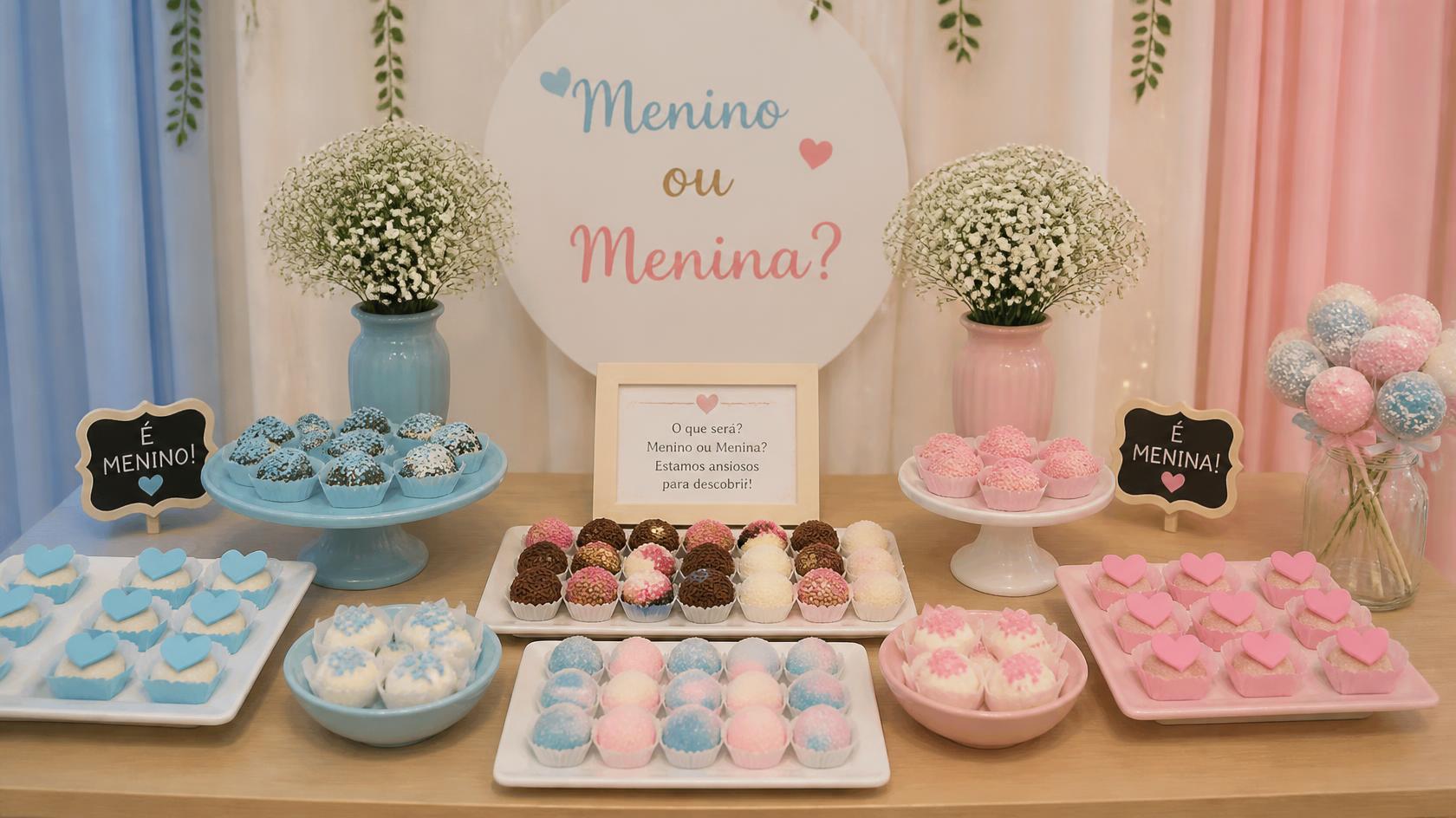 Mesa de chá revelação decorada com cortinas e placas É Menino / É Menina